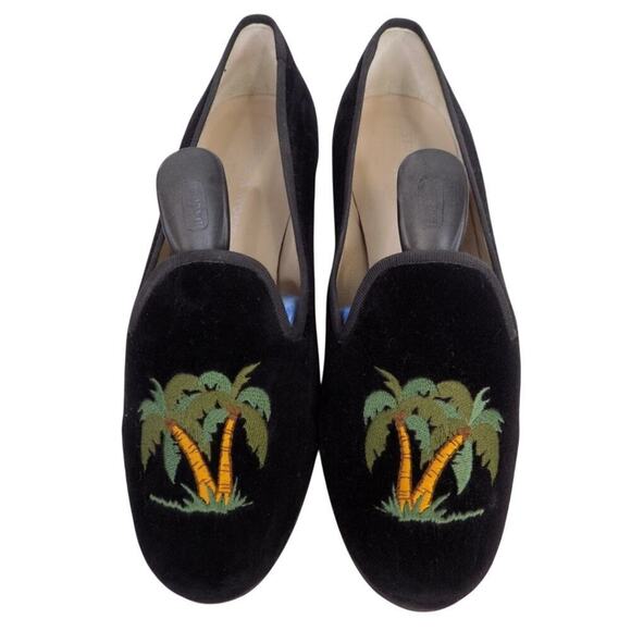 Stubbs and Wootton‎ Black Velvet Slippers with Palm Tree Embroidery 6.5 $545 🌴 - Picture 1 of 6